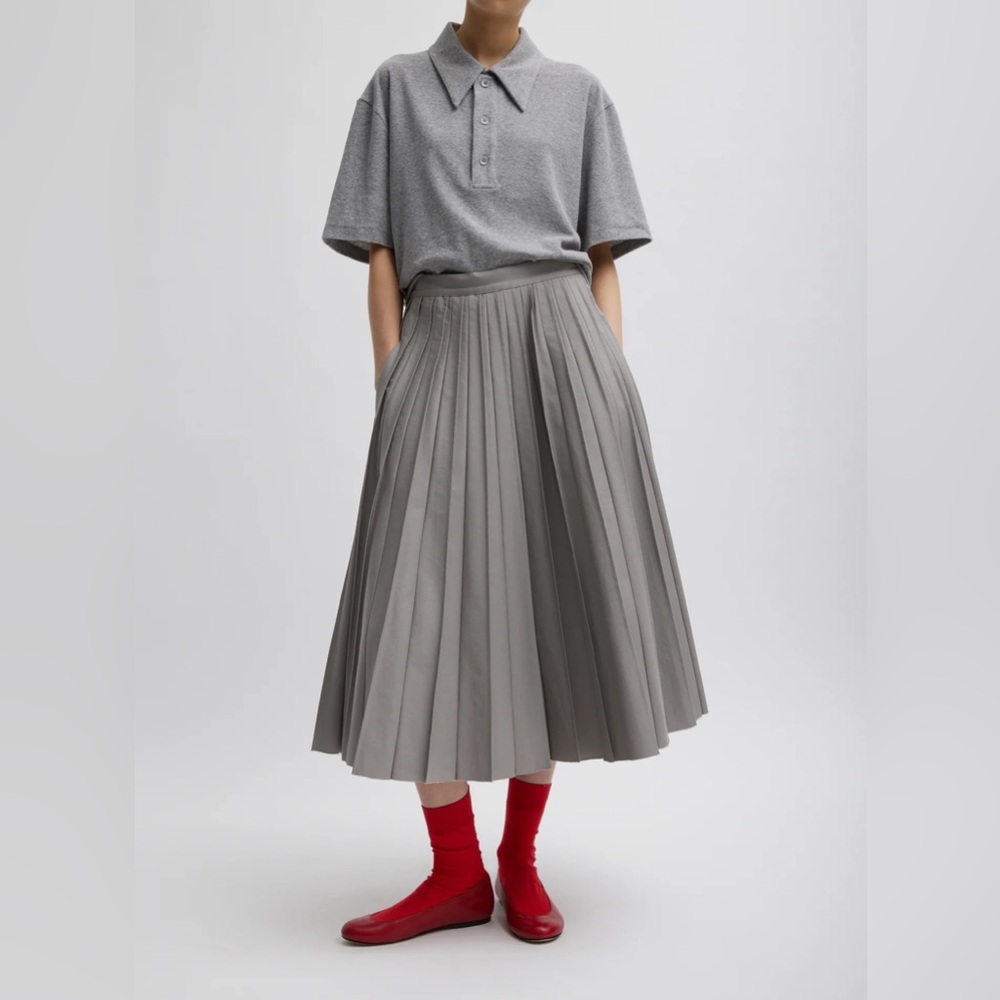 Tibi Oliver Cotton Stretch Tricotine Pintucked Pleated Skirt Gray Moon 6 Worn 1x